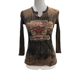 Y2K Skinny Minnie Rodeo Star Wild West Show Graphic Top Brown Bedazzled Lace S